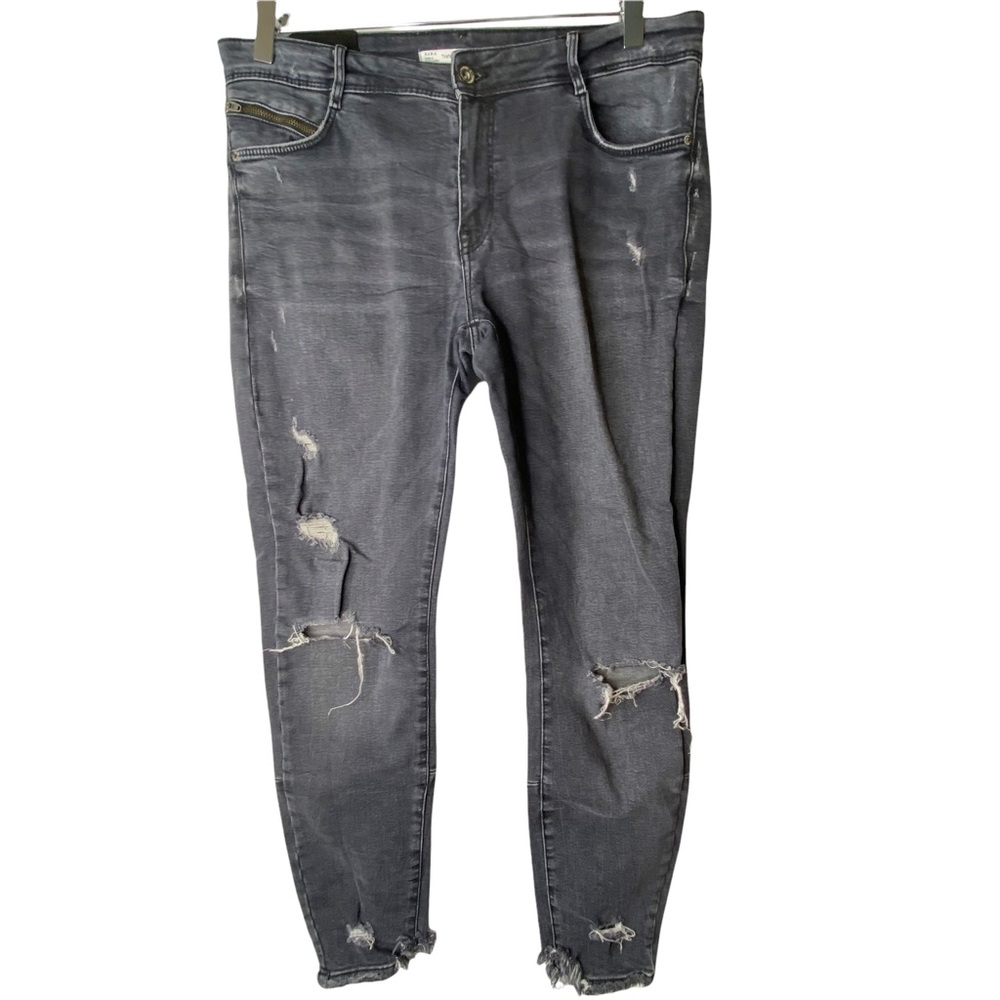 Zara Trafaluc Denimwear Black Grey Distressed Stretch Jeans Raw Hem Size 10 - Picture 2 of 8